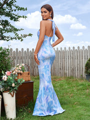 Cowl Neck Halter Floral Print Mermaid Bodycon Dress