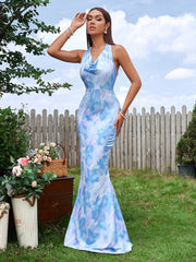 Cowl Neck Halter Floral Print Mermaid Bodycon Dress