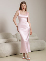 Crisscross Back Square Neck Satin Long Dress