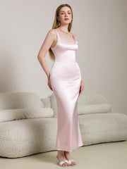 Crisscross Back Square Neck Satin Long Dress
