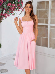 Crisscross Tie Back Button Pocket Solid Dress