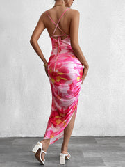 Crisscross Tie Back Floral Print Asymmetrical Hem Cami Dress