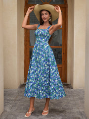 Crisscross Tie Back With Pockets Floral Print Long Dress