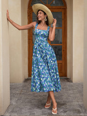 Crisscross Tie Back With Pockets Floral Print Long Dress