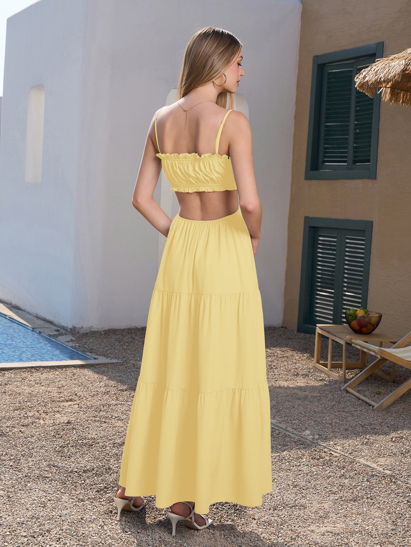 Cut Out Tie Front Flounce Trim Solid Cami Dress