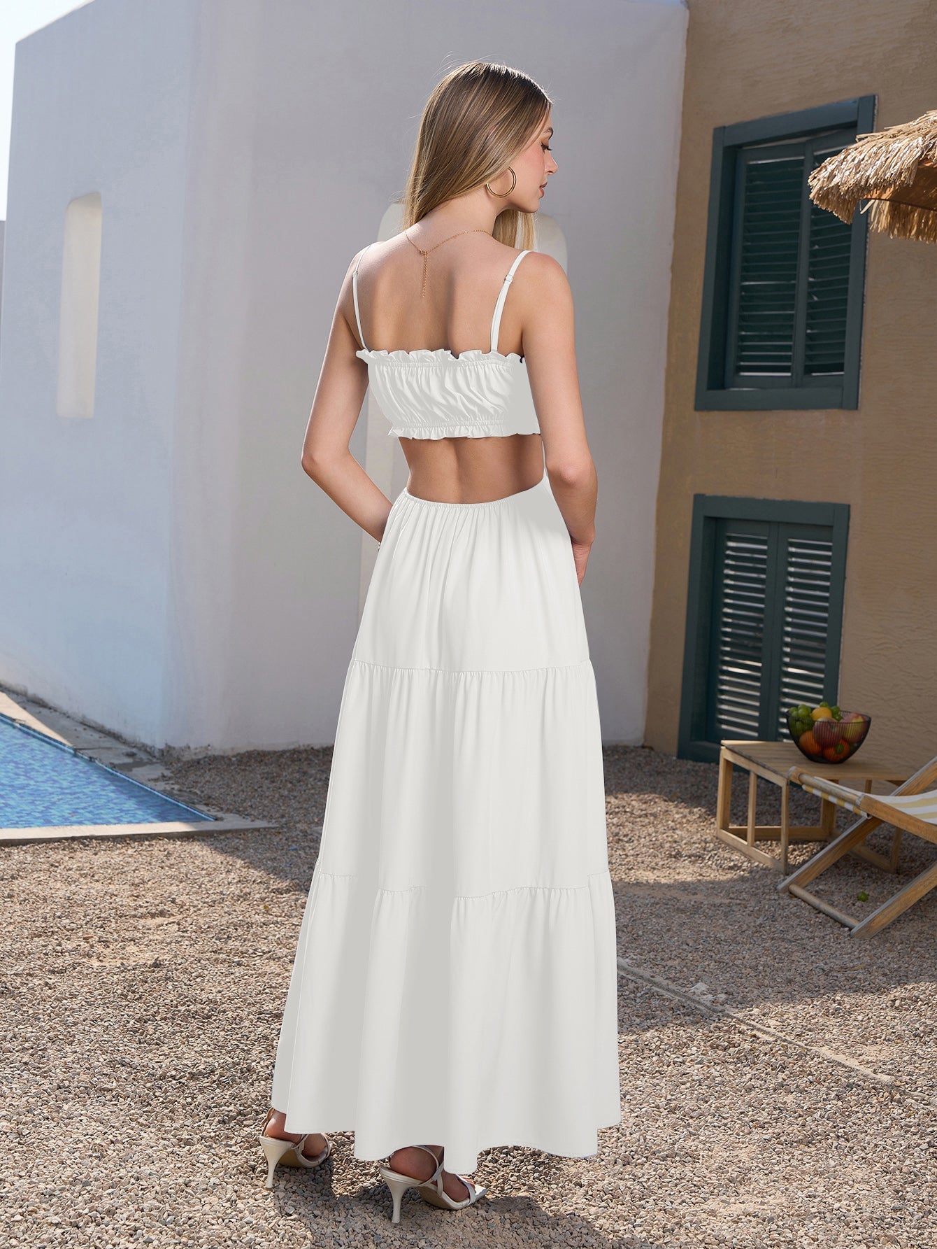 Cut Out Tie Front Flounce Trim Solid Cami Dress