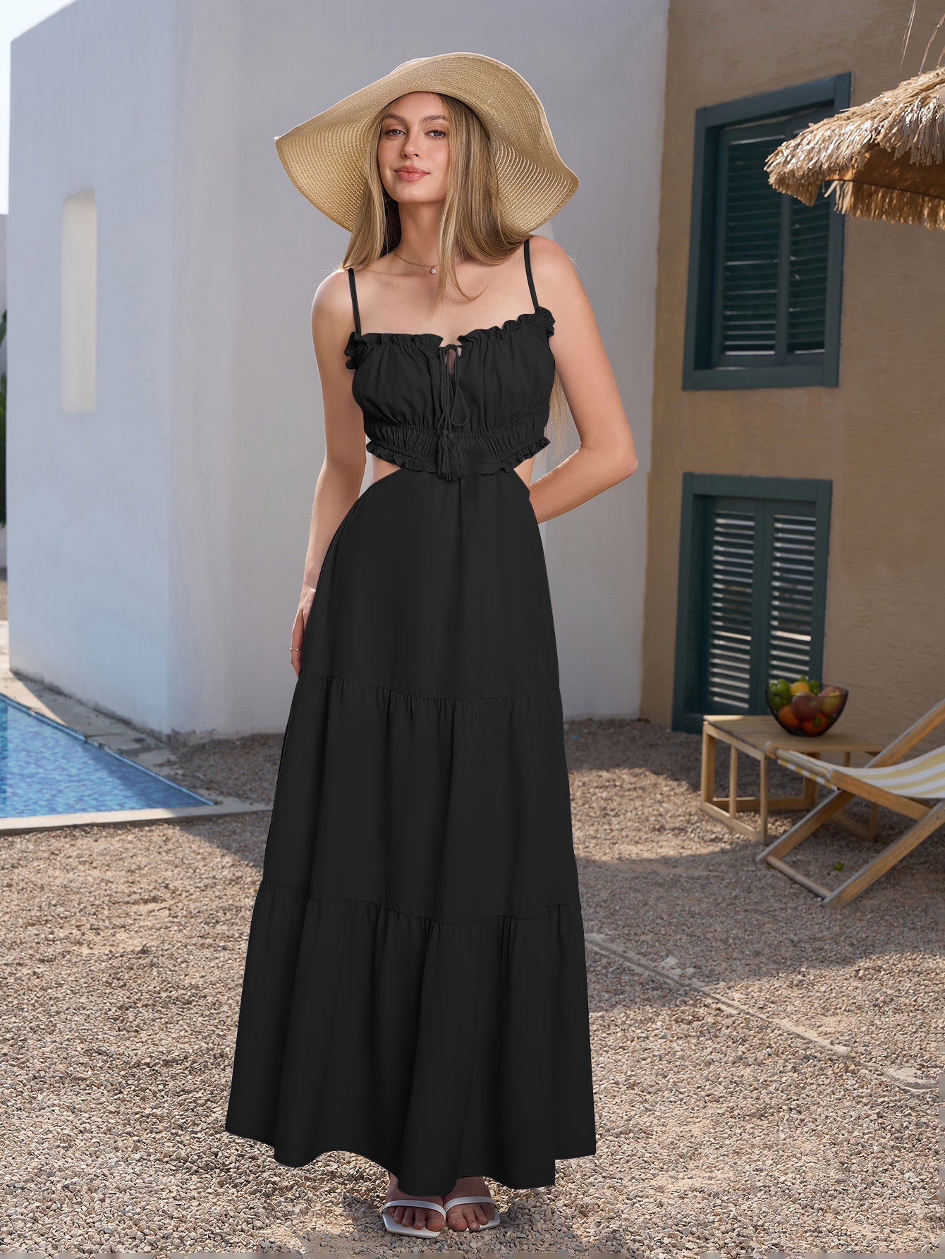 Cut Out Tie Front Flounce Trim Solid Cami Dress