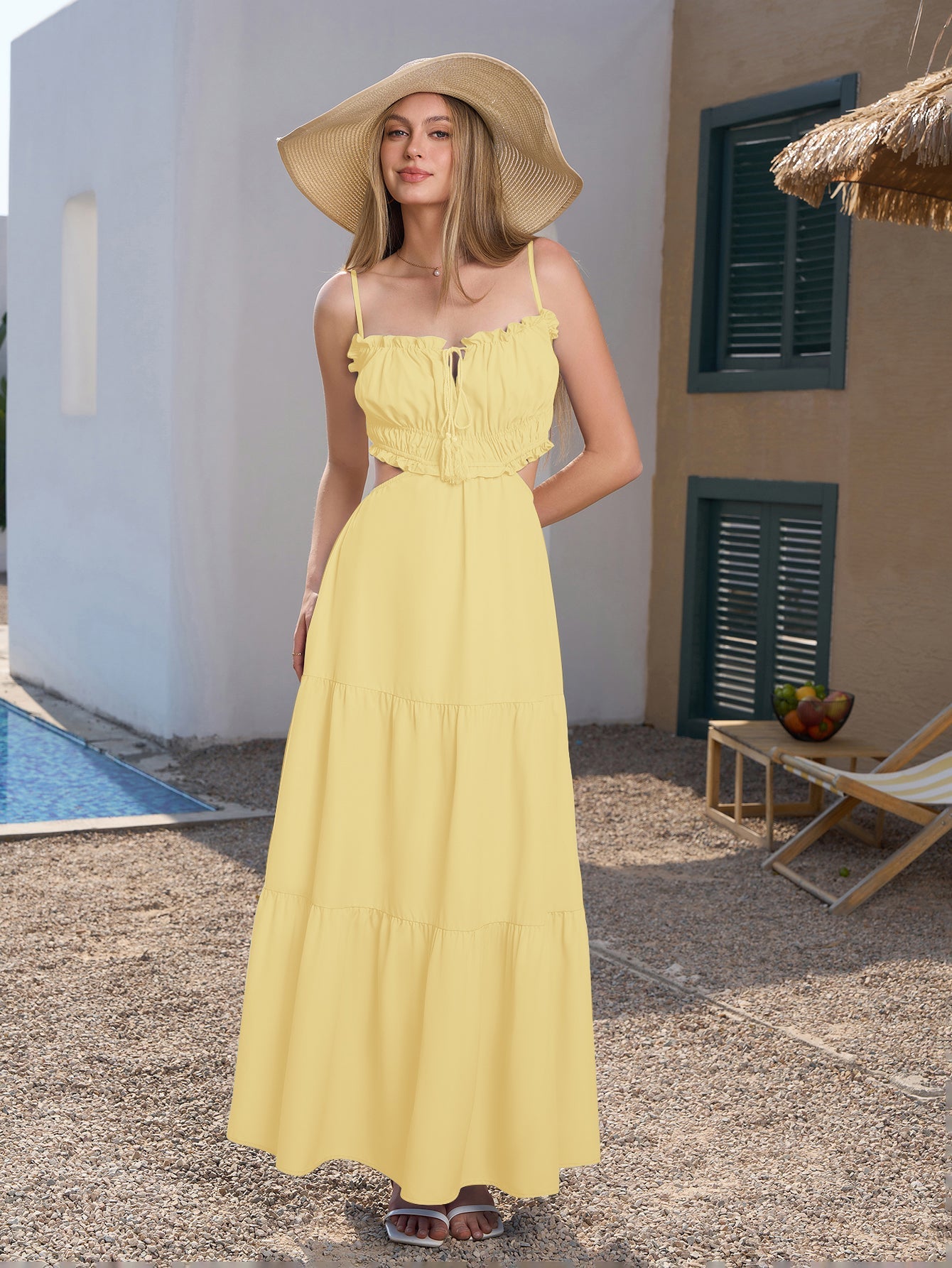 Cut Out Tie Front Flounce Trim Solid Cami Dress