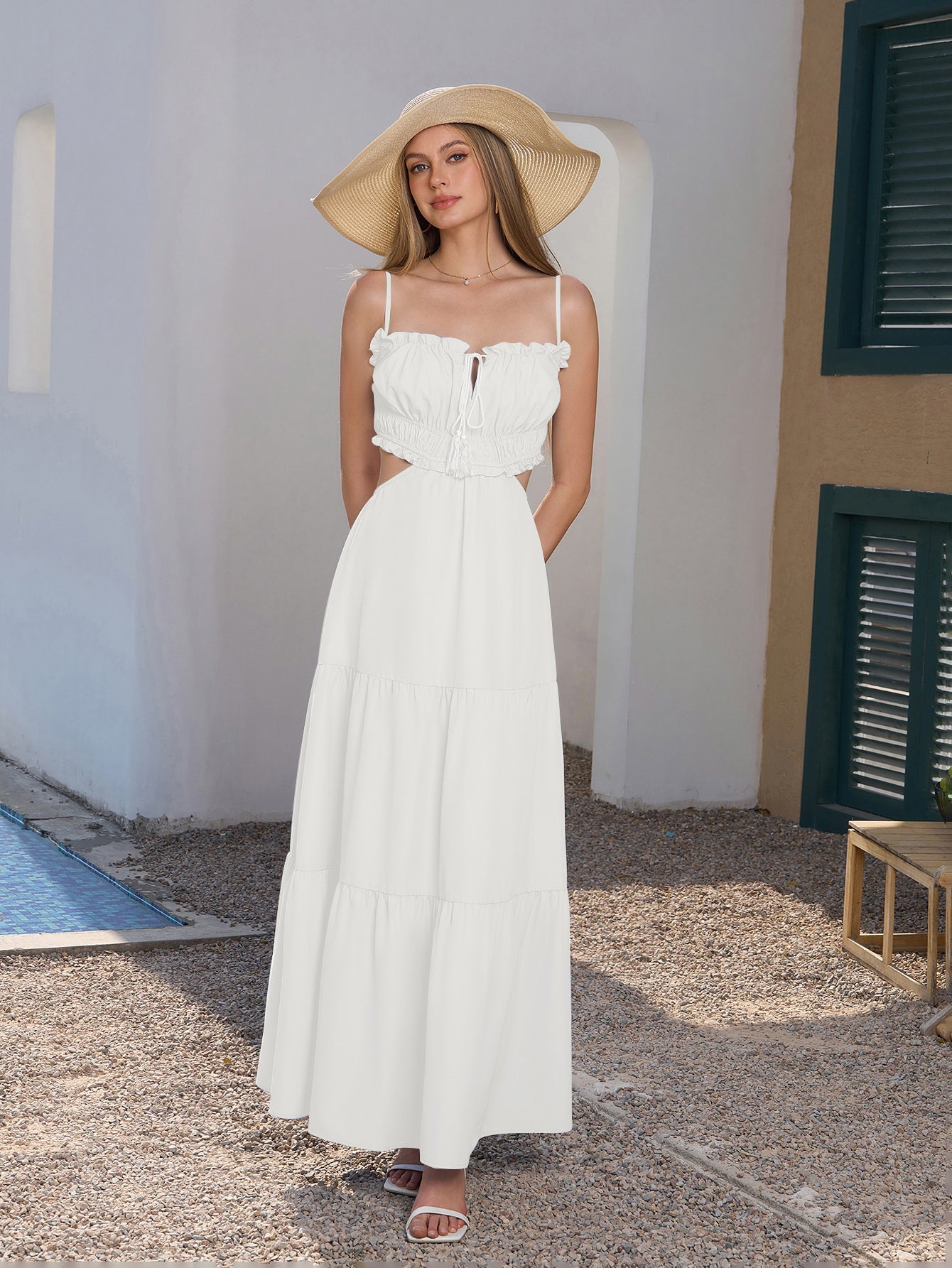 Cut Out Tie Front Flounce Trim Solid Cami Dress