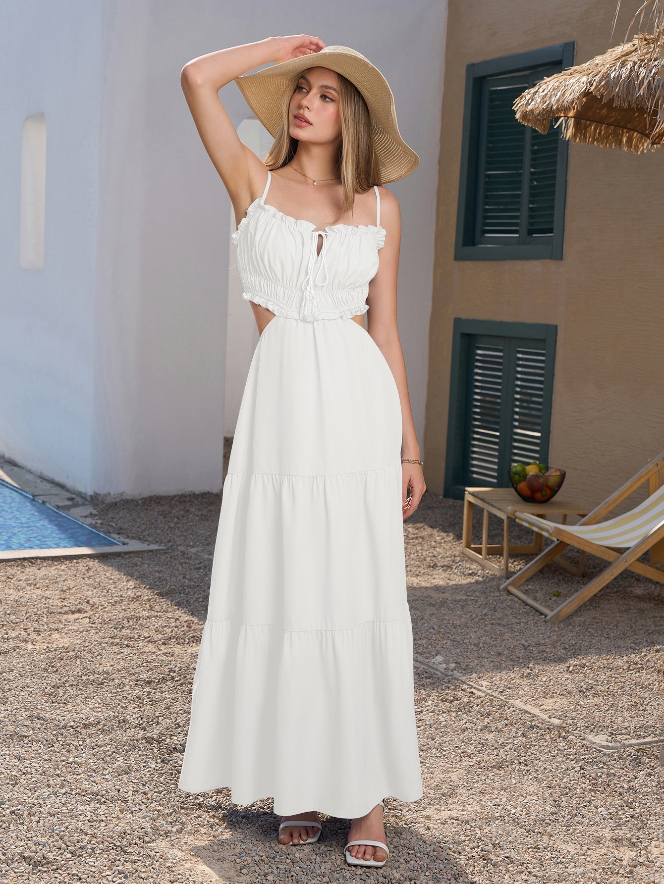Cut Out Tie Front Flounce Trim Solid Cami Dress