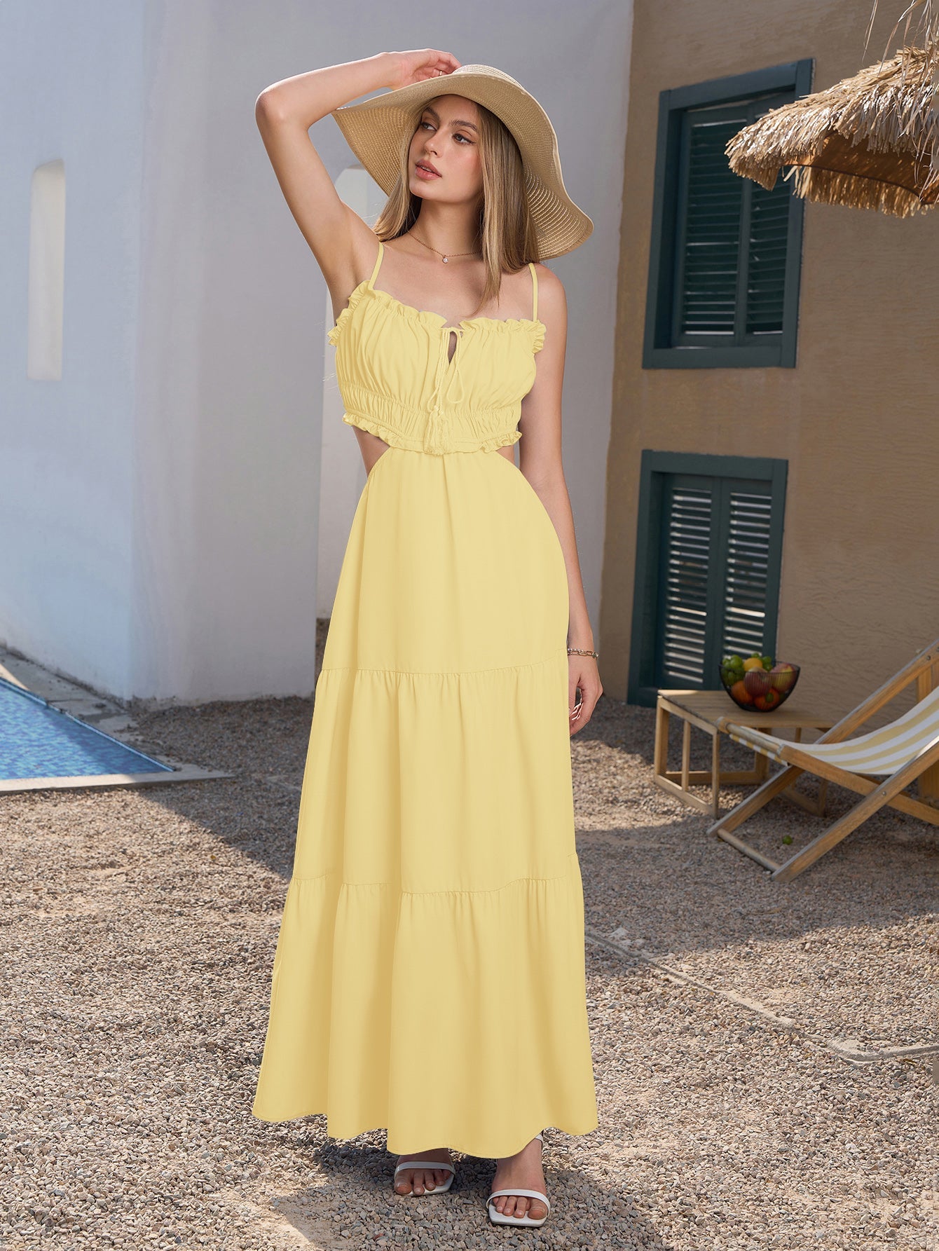 Cut Out Tie Front Flounce Trim Solid Cami Dress