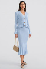 Yuri Blue Long Sleeve Fishtail Midi Dress Set