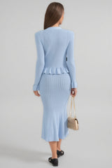 Yuri Blue Long Sleeve Fishtail Midi Dress Set