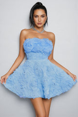Pam Blue Strapless Flower Rhinestone Mini Dress