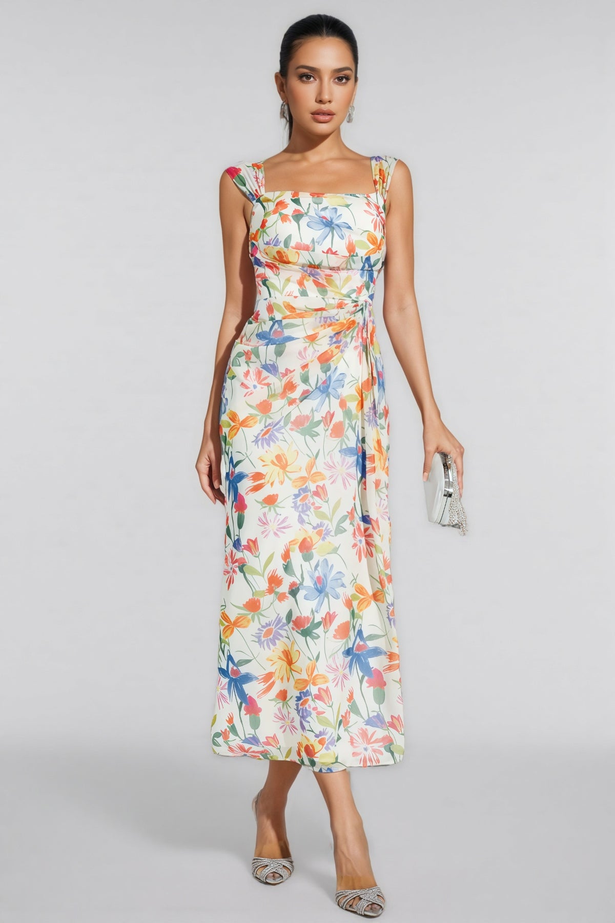 Mylel Orange Flower Waist-cinching Maxi Dress