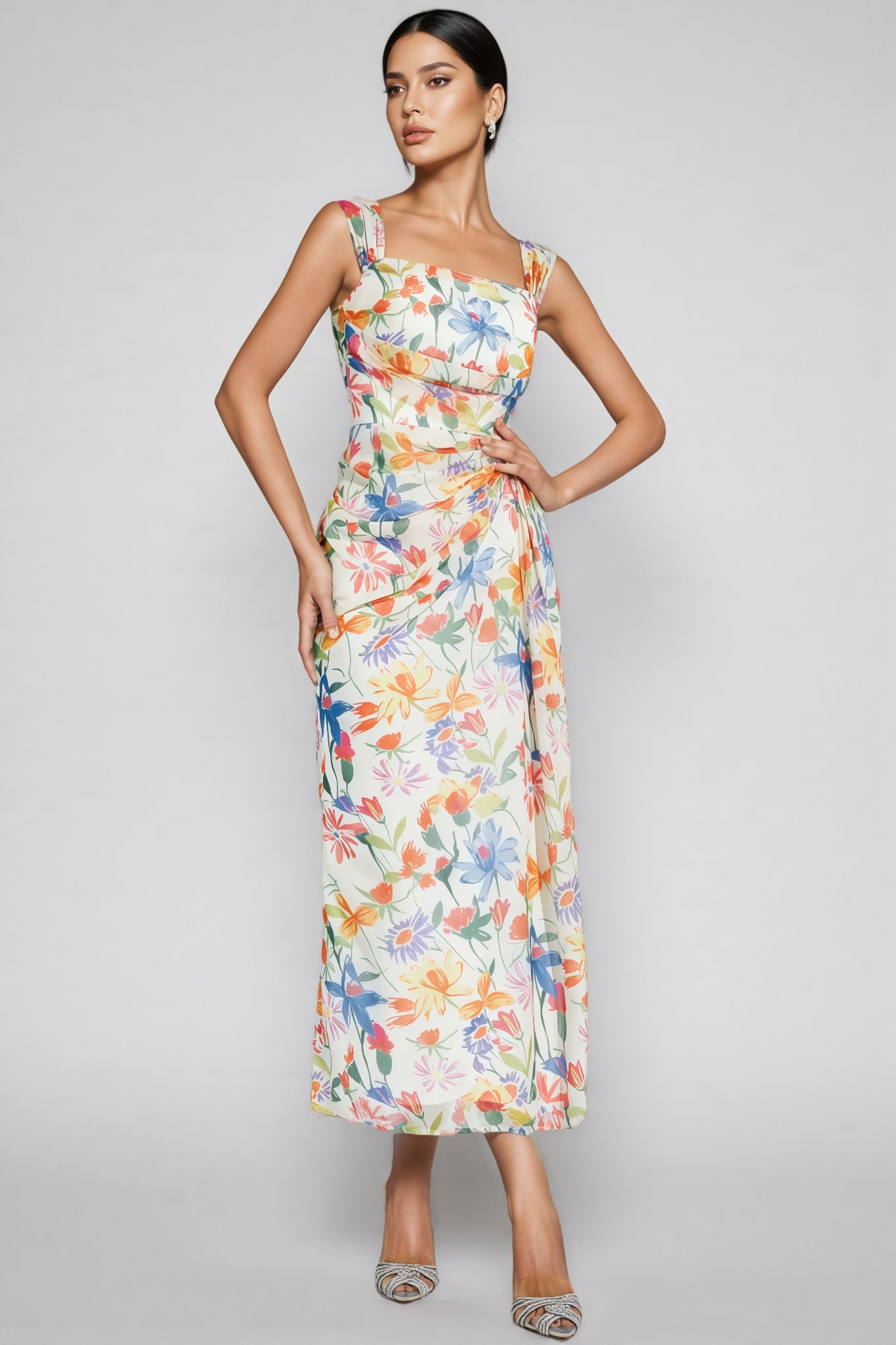 Mylel Orange Flower Waist-cinching Maxi Dress