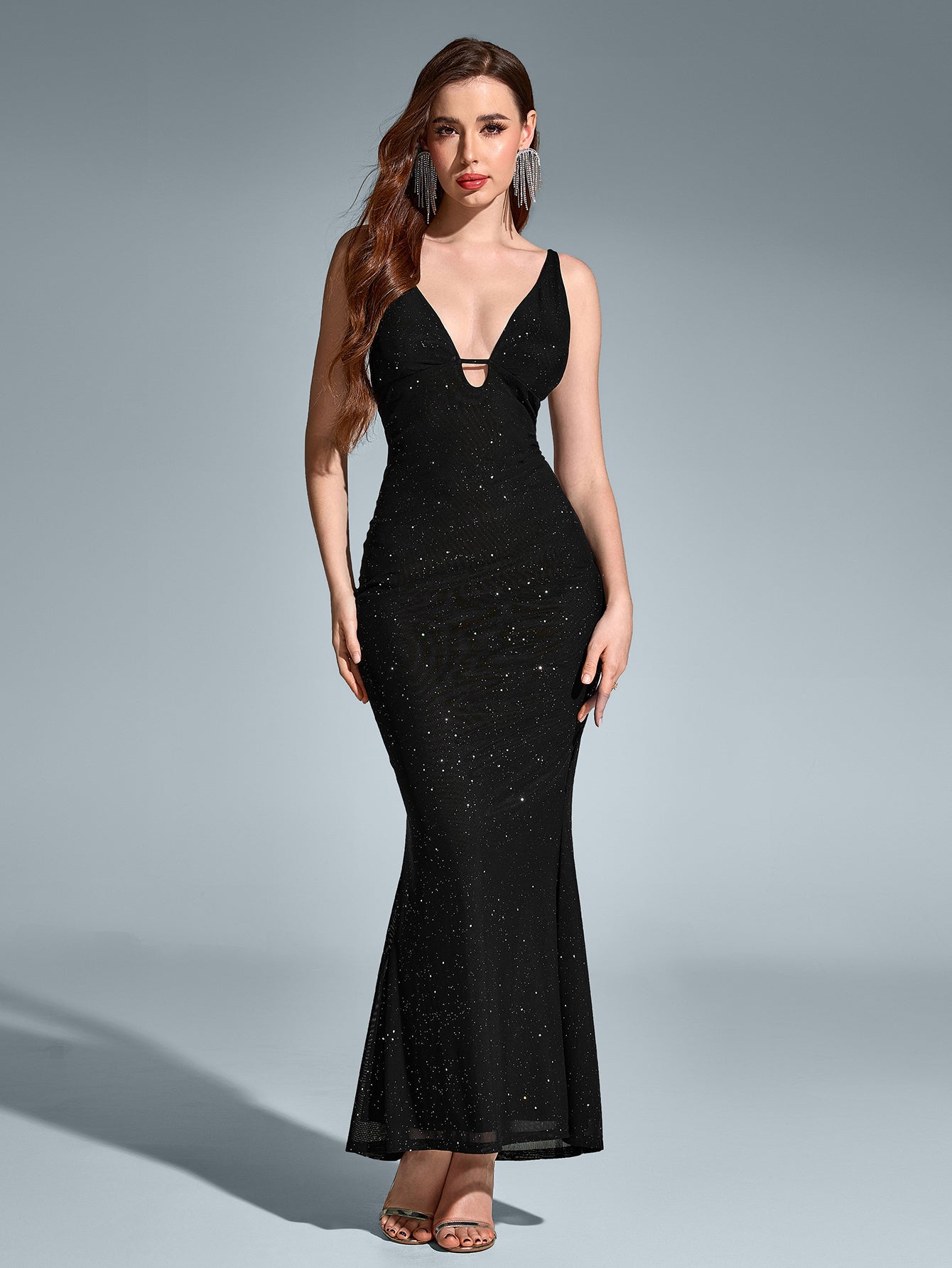 Deep V-Neck Backless Mermaid Mesh Sequin Dress