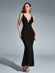 Deep V-Neck Backless Mermaid Mesh Sequin Dress