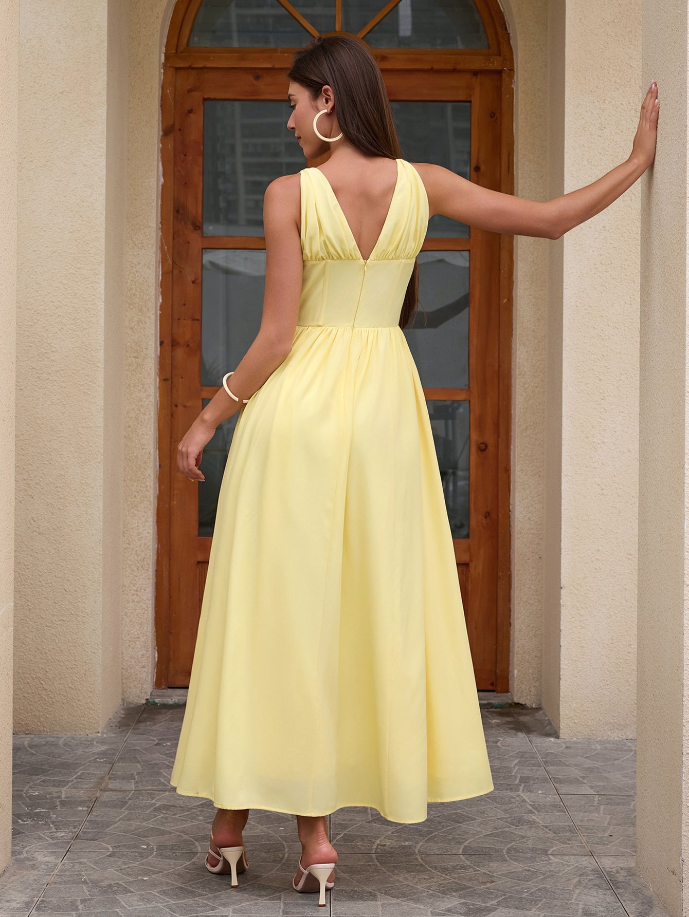 Deep V-Neck Bow Tie Ruched Corset Dress with Pockets