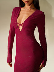 Deep V-Neck Crisscross Tie Front Glitter Bodycon Dress