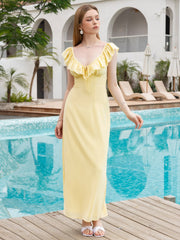 Deep V-Neck Crisscross Tie Ruffle Trim Long Dress