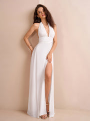Deep V-Neck Halter Bow Tie Back Split Thigh Long Dress
