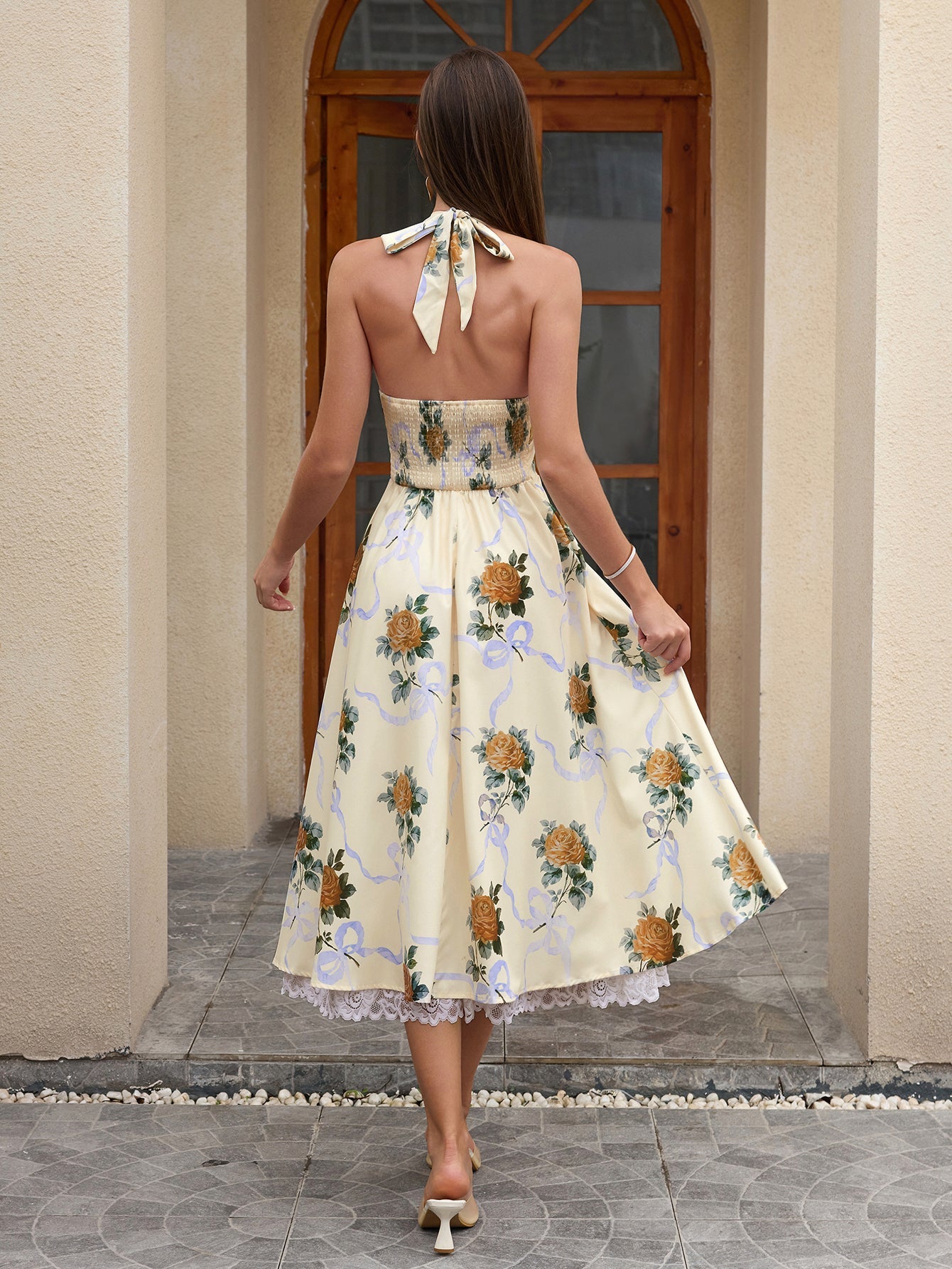 Deep V-Neck Halter Lace Spliced Floral Dress