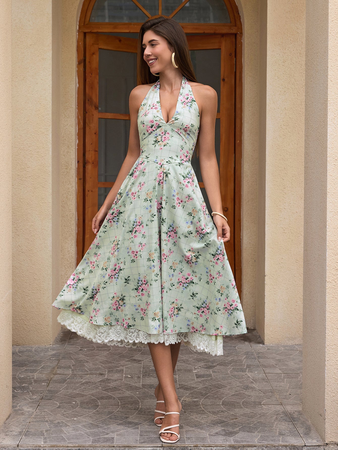 Deep V-Neck Halter Lace Spliced Floral Dress