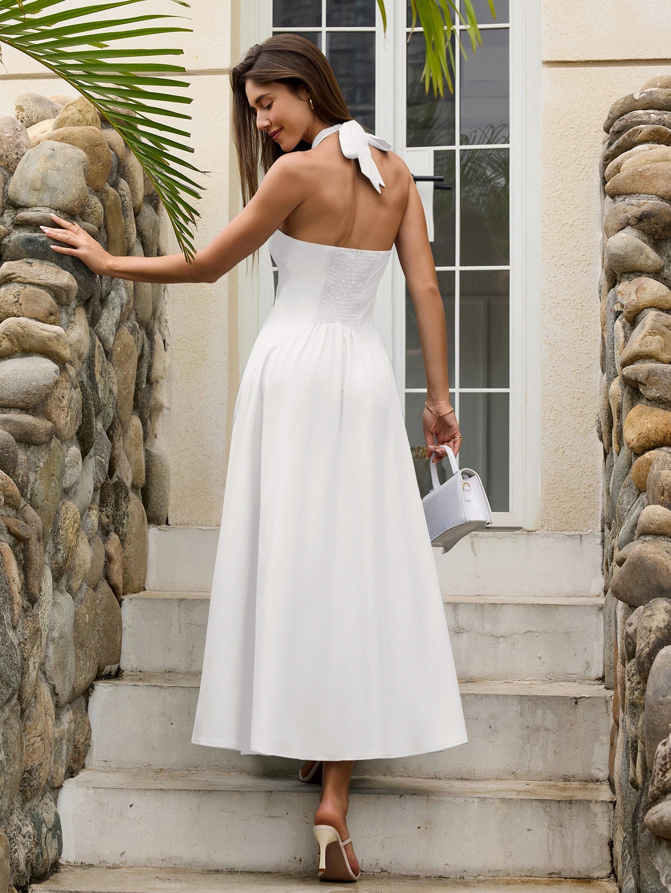 Deep V-Neck Halter Ruched Back Solid Dress