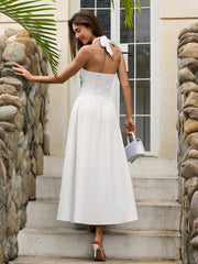 Deep V-Neck Halter Ruched Back Solid Dress
