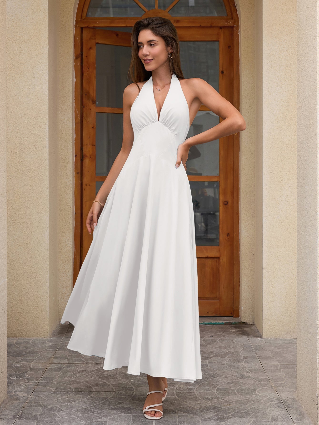 Deep V-Neck Halter Ruched Back Solid Dress