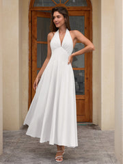 Deep V-Neck Halter Ruched Back Solid Dress
