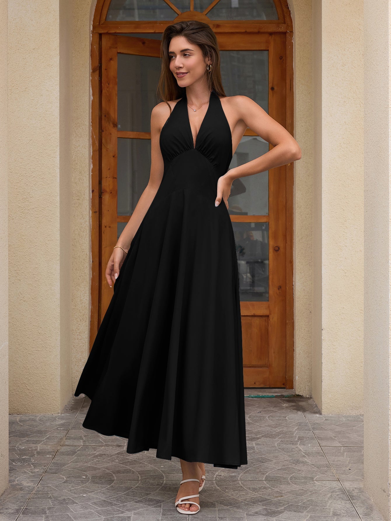 Deep V-Neck Halter Ruched Back Solid Dress