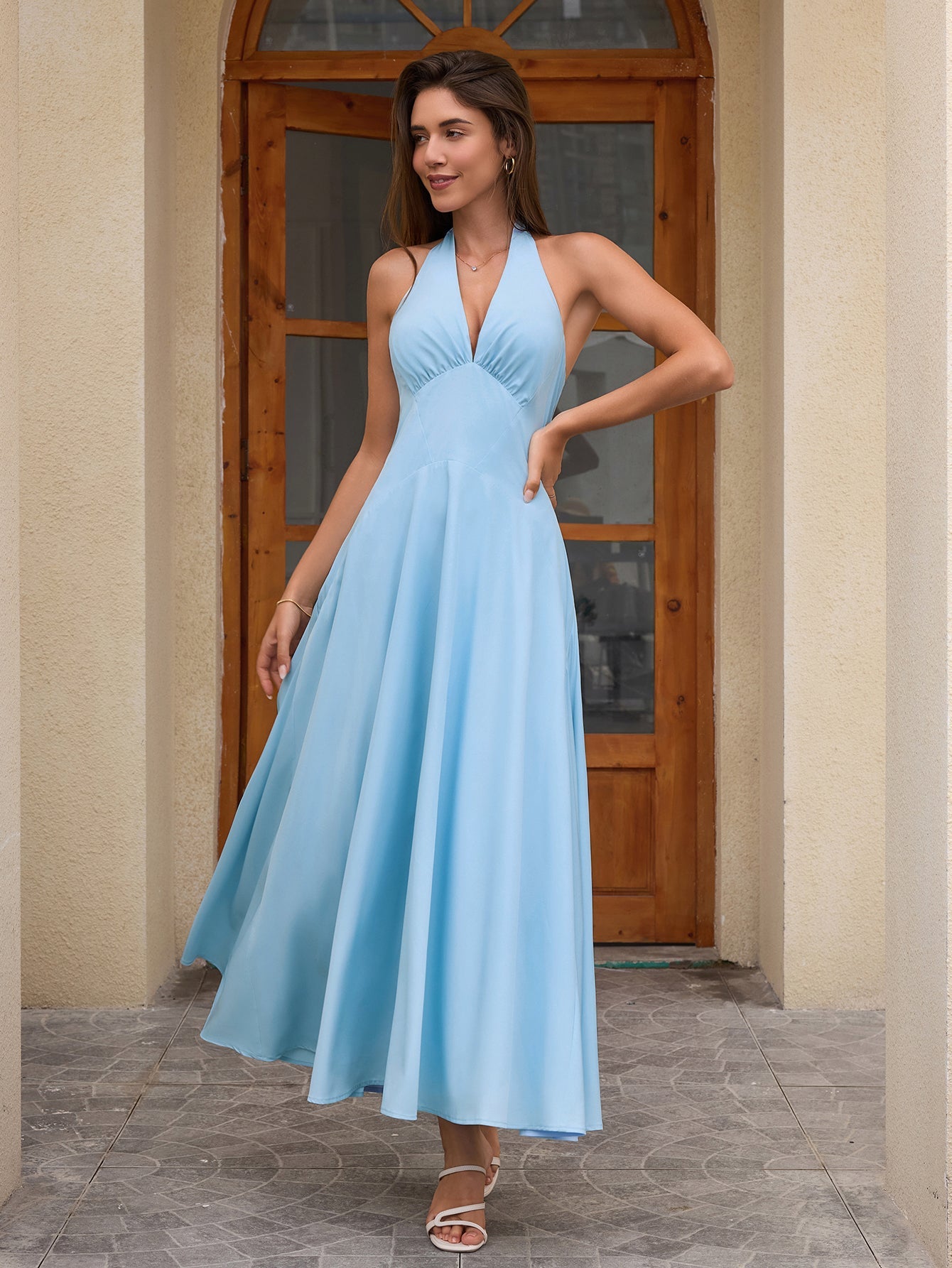 Deep V-Neck Halter Ruched Back Solid Dress