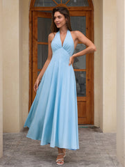Deep V-Neck Halter Ruched Back Solid Dress