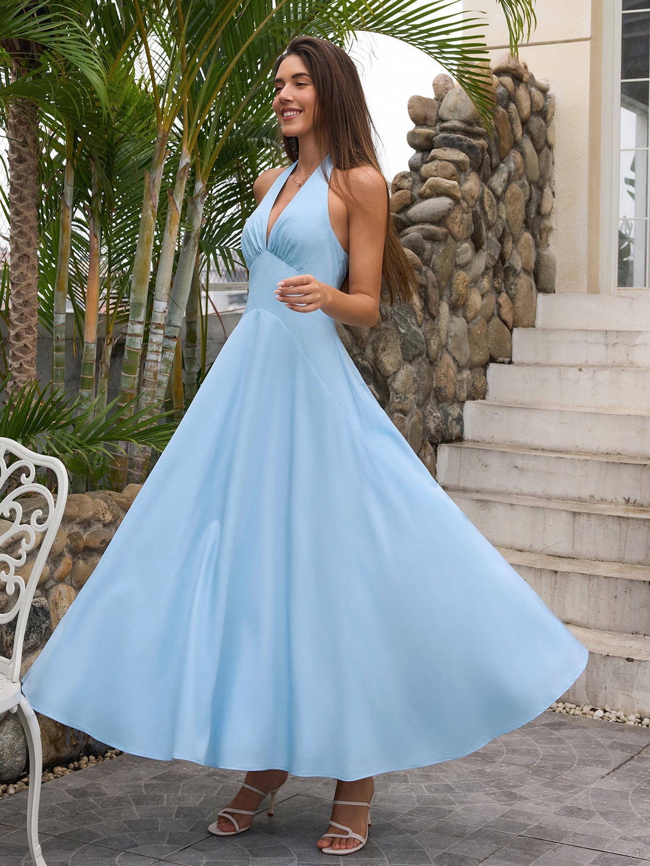 Deep V-Neck Halter Ruched Back Solid Dress