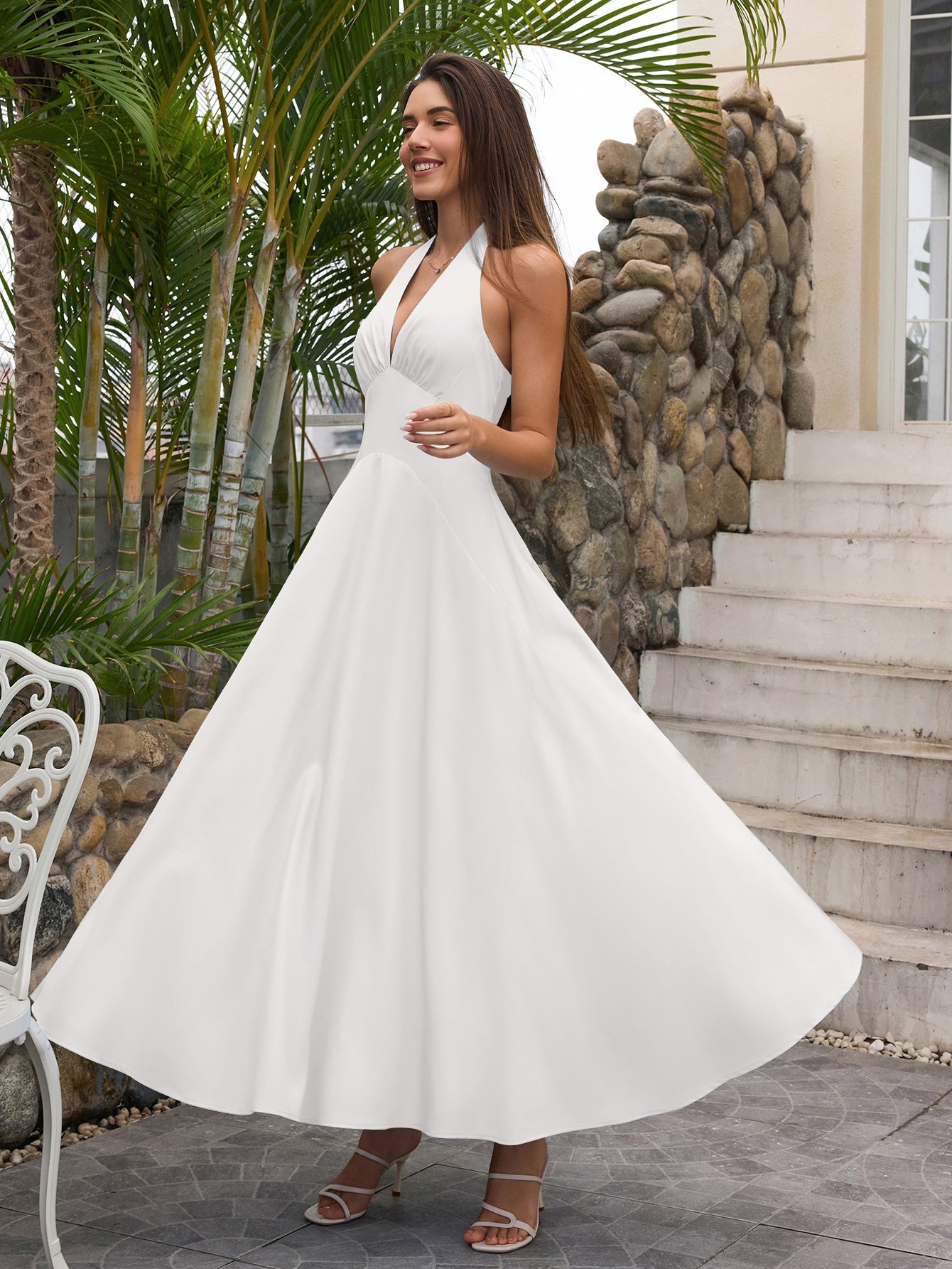 Deep V-Neck Halter Ruched Back Solid Dress