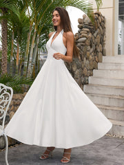 Deep V-Neck Halter Ruched Back Solid Dress
