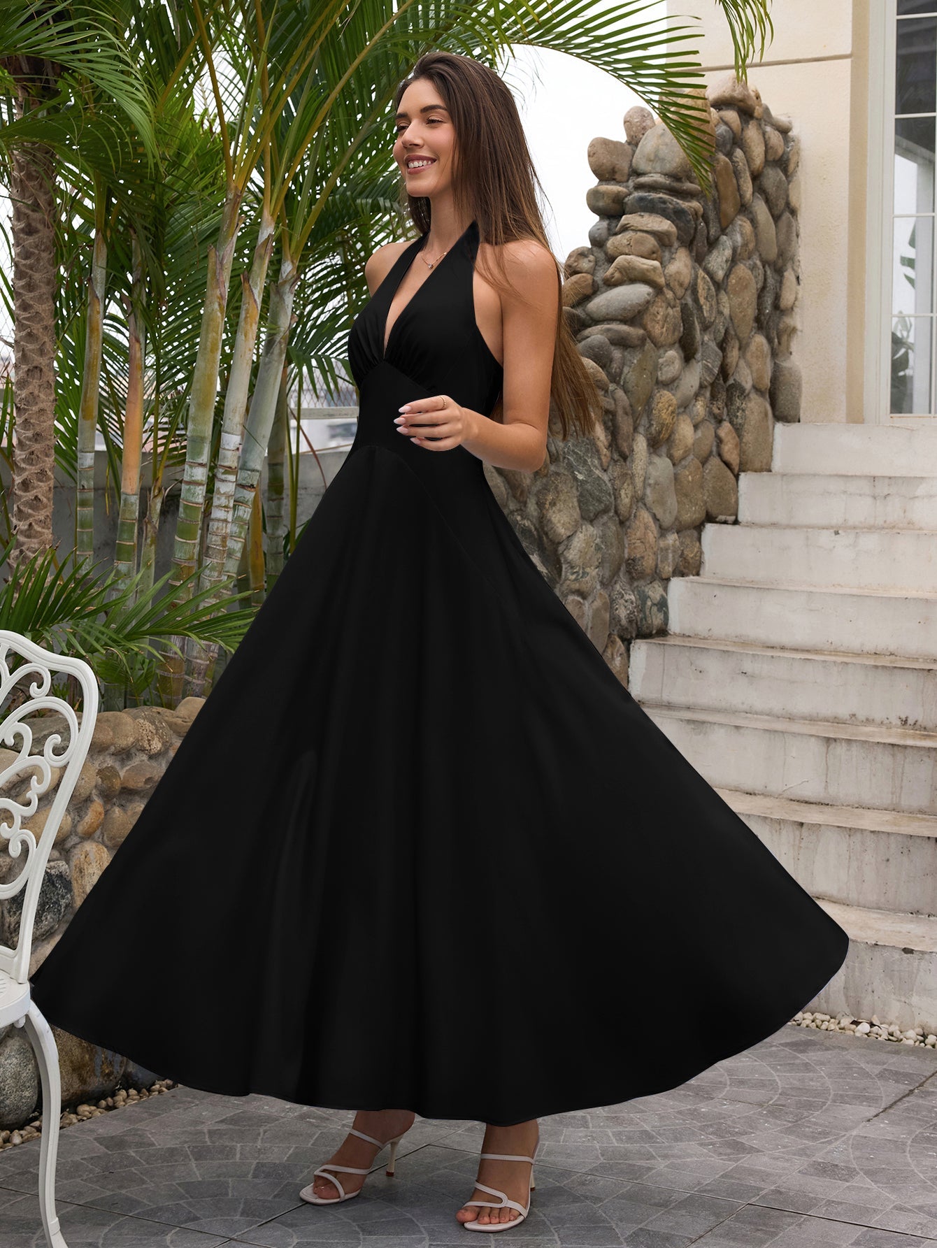 Deep V-Neck Halter Ruched Back Solid Dress
