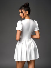 Deep V-Neck Puff Sleeve Pleated Satin Dress