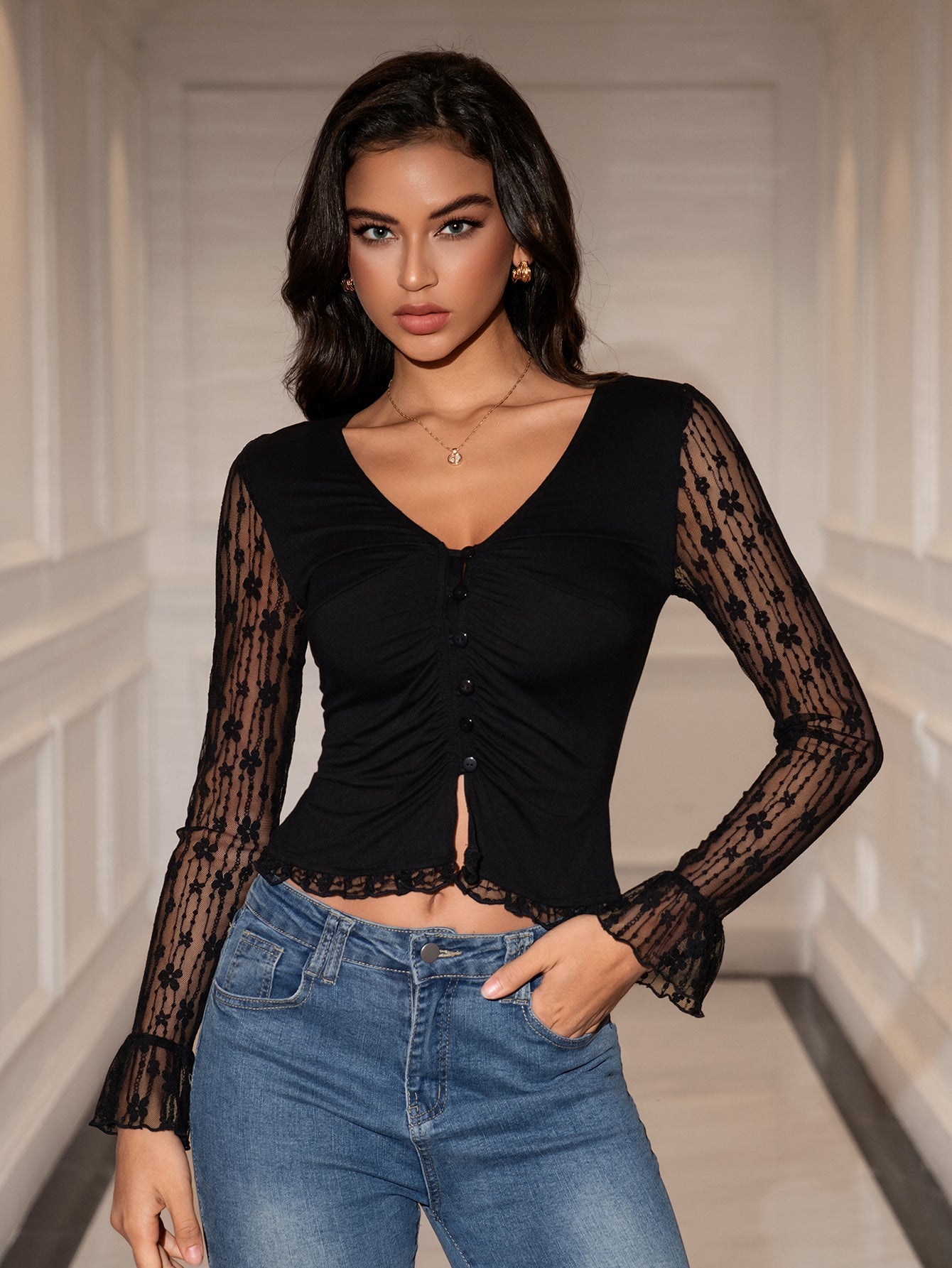 Deep V-Neck Ruched Bust Button Crop Top