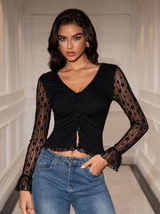 Deep V-Neck Ruched Bust Button Crop Top