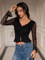 Deep V-Neck Ruched Bust Button Crop Top