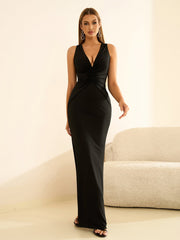 Deep V-Neck Ruched Waist Tie Backless Bodycon Dress