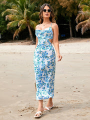 Draped Cut Out Backless Floral Maxi Dress