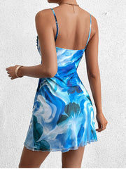Draped Mesh Floral Print Cami Dress