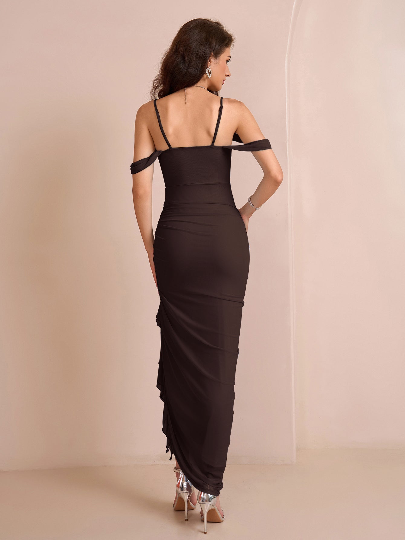 Draped Sleeve Ruched Crisscross Waist Asymmetrical Hem Mesh Dress