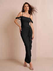 Draped Sleeve Ruched Crisscross Waist Asymmetrical Hem Mesh Dress