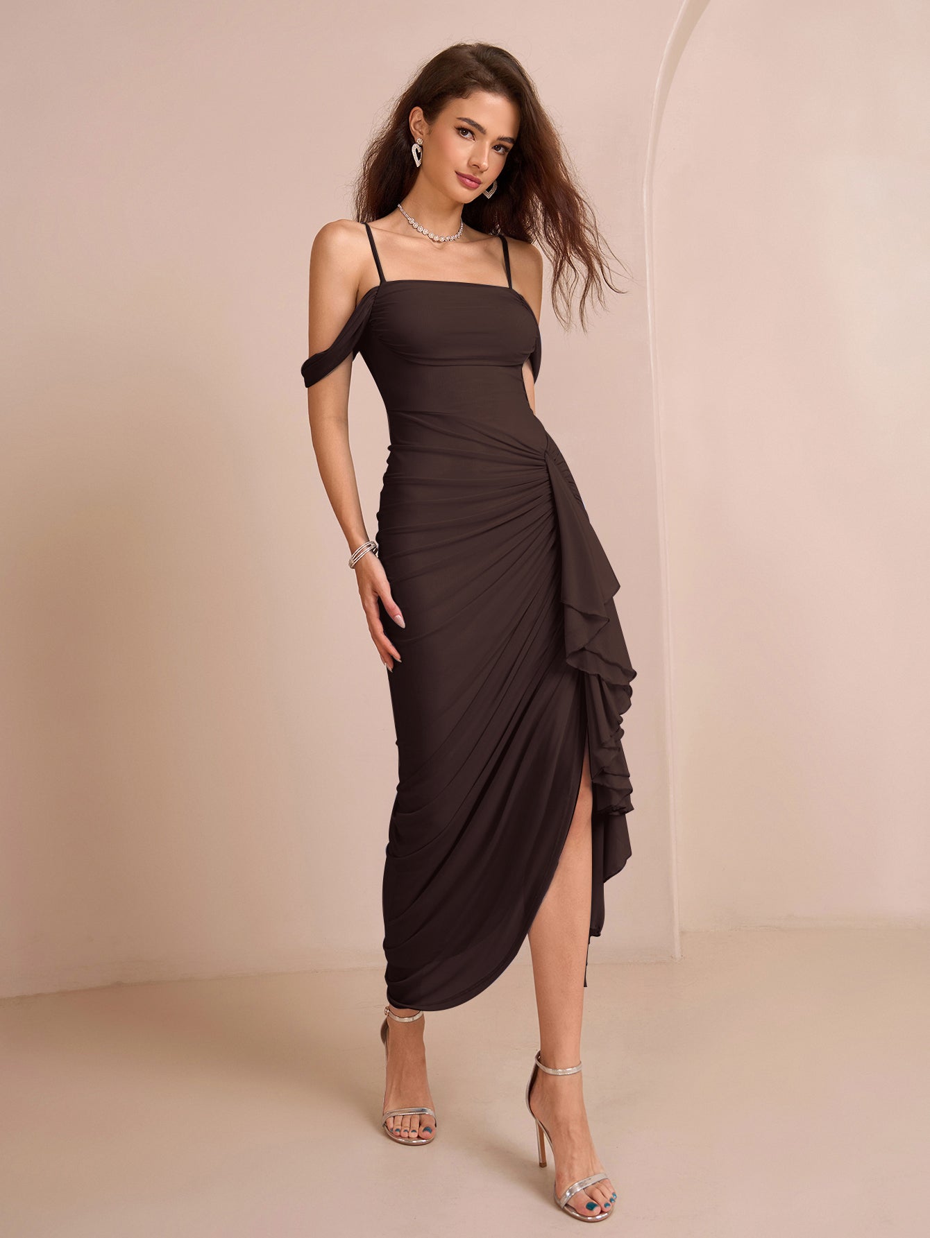 Draped Sleeve Ruched Crisscross Waist Asymmetrical Hem Mesh Dress