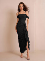 Draped Sleeve Ruched Crisscross Waist Asymmetrical Hem Mesh Dress